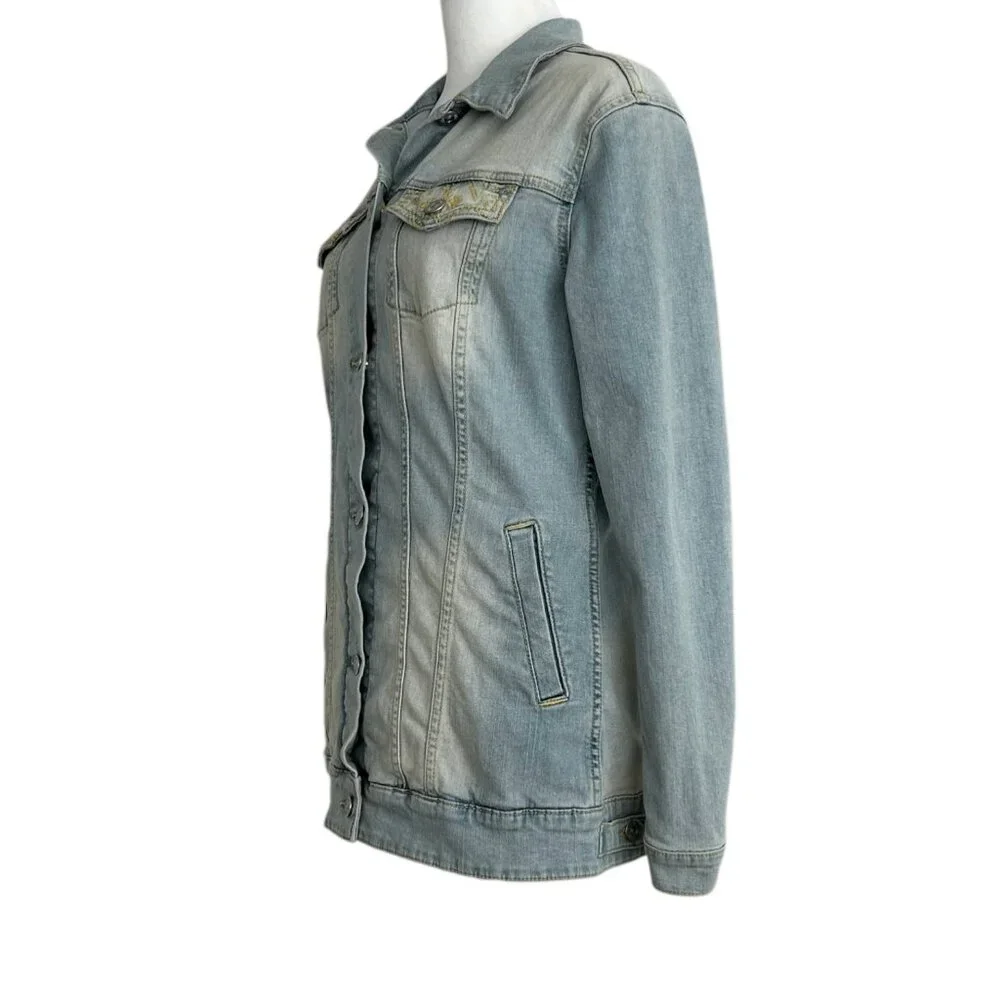 LuLaRoe Jaxon Light Wash Embroidered Denim Jacket (S)